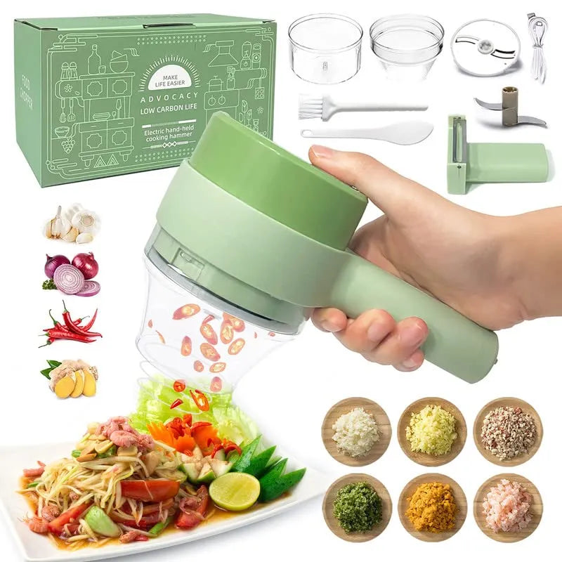 4 in 1 Handheld Electric Vegetable Cutter Set, Food Processor for Garlic Pepper Chili Onion Celery Ginger Meat with Brush